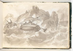 Shipwreck at a Rocky Coast. Some Men Stand on a Rock and Watch by Johan Christian Dahl