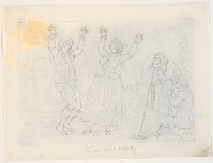 Man and Woman Dancing Fandango. A Young Man Playing Guitar and an Old Woman Watching by J.F. Clemens