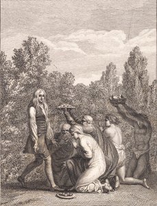 Niels Klim Honored by the Qvamites, Bringing Him Gifts and Kneeling Before Him