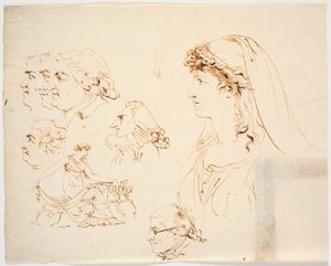 Six Male and One Female Profile Head and Woman in Classical Dress Picking Flowers by J.F. Clemens