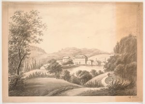 Several Adjacent Buildings, Including a Main Building and Smaller Houses with Chimneys, by a Stream or Lake, Surrounded by Trees and Hills
