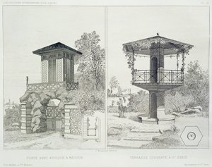 Portal with kiosk, Meudon, and covered terrace, St. Denis, from a volume of designs by various architects, pub. Morel & Cie, Paris, c.1880 by J. Boussard