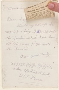 Letter to the Competition Editor of the Liverpool Weekly Courier, 1917 by J. Griffiths