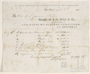 Bill of Sale to Col. B. S. Jordan, September 5, 1855 by J. H. Belter and Co. J. H. Belter and Co.