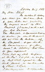 Letter signed J.M.F. [J.M. Forbes], Boston, to Eliot [William G. Eliot], November 7, 1863