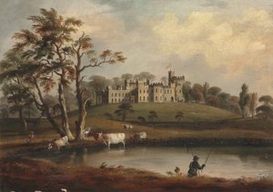 A View of Hornby Castle, Yorkshire, with an Angler and Cattle on the Banks of the River Wenning