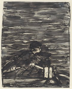 Rower in a Boat with Lantern at Night