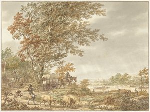 Hilly Landscape with Pig Herder and Other Figures, a River in the Distance by Jacob  Cats