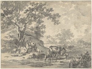 Landscape with Shepherd and Cattle under Tree by Water by Jacob  Cats