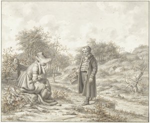 Hilly Landscape with Seated Woman and Standing Man with Basket by Jacob Ernst Marcus