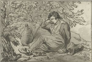 Young Man Sitting Next to a Jug