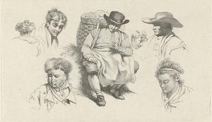Study Sheet with Figures and a Resting Fishmonger with Pipe (Studie-prentwerk / Etudes gravées) by Jacob Ernst Marcus