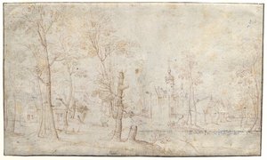 Moated Castle and Village by Jacob Grimmer