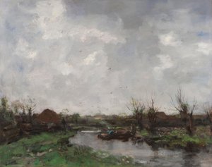 A River Landscape with Farm Houses, Late 1870s by Jacob Henricus or Hendricus Maris