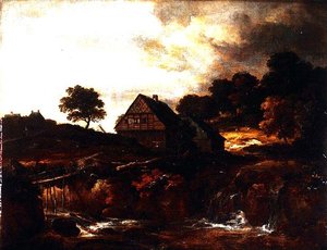 Wooded Landscape with Peasant on a Bridge over a Torrent by Jacob I. van (follower of) Ruisdael