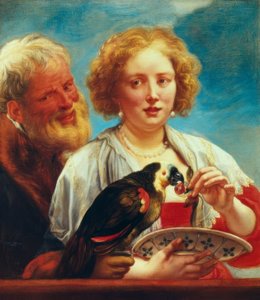 A Young Woman with an Old Man and a Parrot by Jacob Jordaens