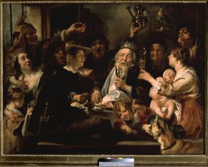 The Feast of the Bean King. Group of people with grotesque expressions, some dressed as jesters, drinking to the health of the king in the center who wears the crown. by Jacob Jordaens