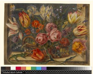 Flower study: assorted flowers in a basket, with insects and a lizard in a window setting, 1634