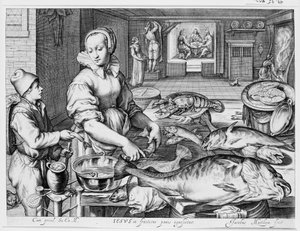 Kitchen Scene with Kitchen Maid Preparing Fish, Christ at Emmaus in the Background, from Kitchen and Market Scenes with Biblical Scenes in the Background by Jacob Matham