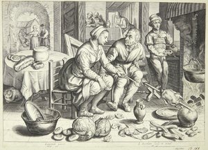 Kitchen Scene with a Man and a Woman Roasting a Chicken by Jacob Matham