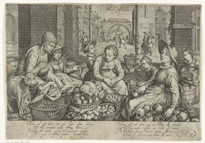 Market Scene with the Parable of the Workers in the Vineyard in the Background, ca. 1600 by Jacob Matham