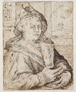 Portrait of a man with a cap and fur-trimmed cloak, facing right. Top right through a window opening view to other rooms by Jacob Matham