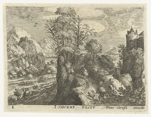 Landscape with Travelers on a Steep Rock (series title: Six Landscapes with Travelers)