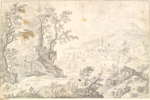 Landscape with a City (Hamburg?) by the Lake or Sea View by Jacob Stockmann