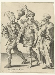Three Masked Figures, One of Them with a Broom with Candles