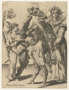 A Blindfolded Cupid with a Torch Before a Couple in Festive Attire