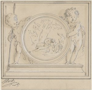 Two Putti with Medallion, Featuring Narcissus and Echo by Jacob de Wit