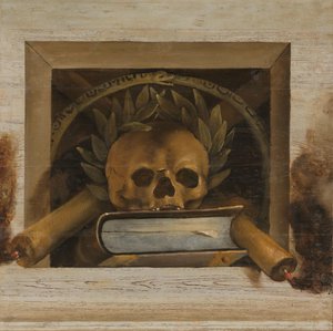 Vanitas Still Life with Skull with Laurel Wreath, Book and Two Burning Candles by Jacob van Campen
