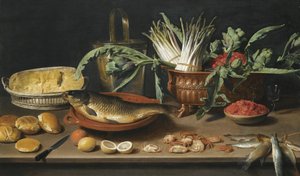 Still Life with Fish and Various Foods on a Table by Jacob Van Es