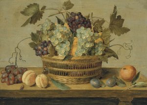 Nectarines and Grapes in a Basket on a Table, with Plums, Oranges, a Butterfly and a Beetle