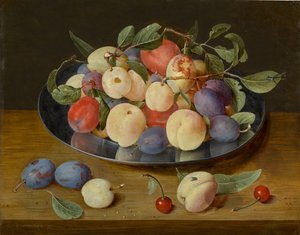 Still Life of Plums and Peaches on a Pewter Plate, with Plums, a Peach and Cherries, All on a Table