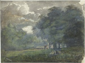 Shepherds with Flock in a Wooded Landscape by Jacob van Liender