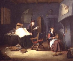 Interior with a Scholar and an Old Lady Spinning by Jacob van Spreeuwen