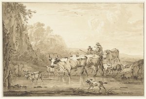Shepherd and Shepherdess with Cattle and Sheep by a Pool