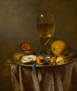 Still life with a roemer, timepiece, oyster and fruit