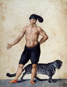 Young African man standing at front, half-dressed wearing long berretta on his head, with tiger behind him, drawing by Jacopo Ligozzi by Jacopo Ligozzi