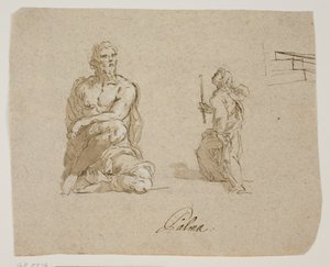 Kneeling Man, Girl with a Candle Mounting Stairs (the Virgin Entering the Temple), Perspective Sketch for the Stairs by Jacopo Palma