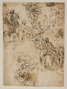 Sketches for Christ Hovering in the Air, Horsemen, a Seated Couple and a Flower Ornament by Jacopo Palma