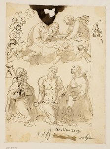 Sts Antony, Jerome and Bernardino Kneeling, with the Virgin and the Infant Christ Surrounded by Child Angels Beyond by Jacopo Palma
