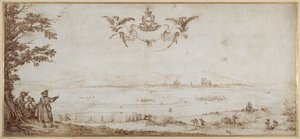 A View of Toul across the Plain, Landscape with Figures, the Sky with the Arms of Porcellets by Jacques Callot