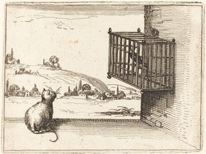 Cat Watching Caged Bird by Jacques Callot