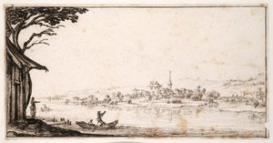 Ferrying a Passenger Across a River to a Small Town Linked by a Bridge to a Castle by Jacques Callot