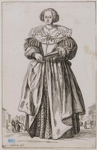 The Nobility, The Lady with the Fan. Ninth number of a suite of 12 pieces (Lieure 557, Meaune 683) by Jacques Callot