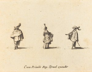 Lady with Dress Gathered Up, and Two Gentlemen by Jacques Callot