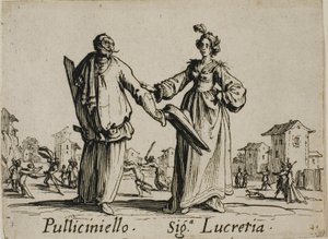 Pulliciniello - Lady Lucretia, plate 9 from Balli di Sfessania by Jacques Callot
