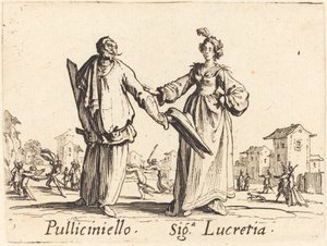 Pulliciniello and Siga. Lucretia by Jacques Callot